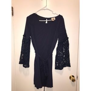 Formal navy blue dress with lace detailed sleeves